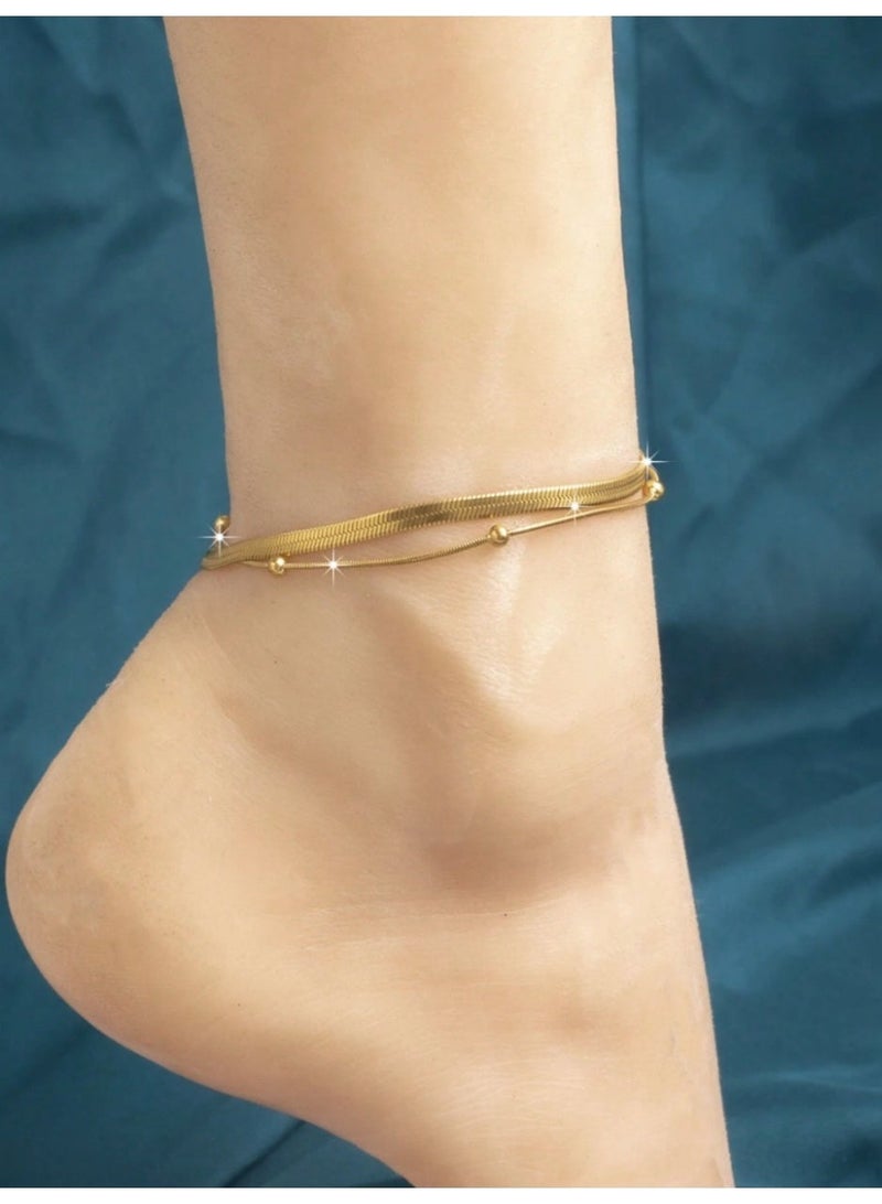 veya A Modern Double-Layer Stainless Steel Anklet, 18K Gold Plated And Decorated With Elegant Metal Beads. - Image 1